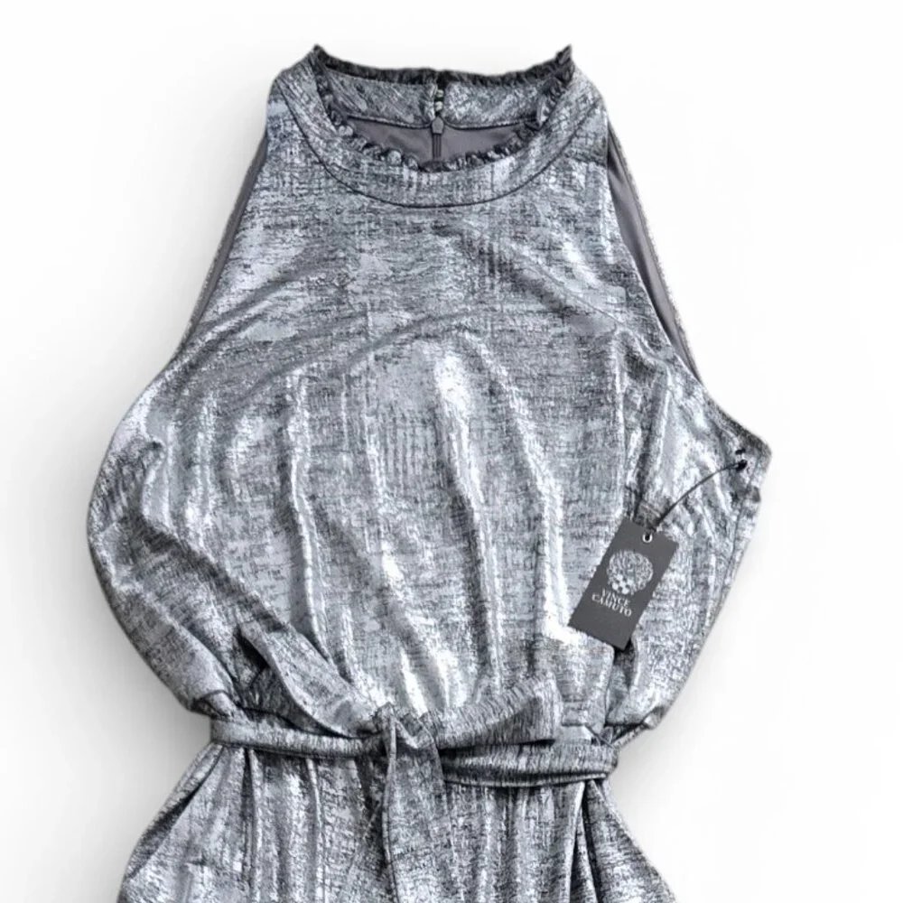 NWT Vince Camuto Metallic Silver Wide Leg Jumpsuit Women Mock Neck Sleeveless 16
